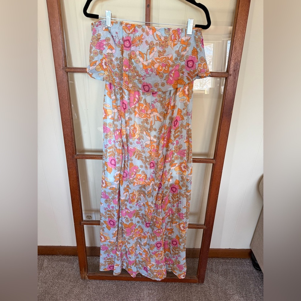 Dokotoo Women’s Pink & Orange Floral Strapless Maxi Dress Sundress – Size Medium